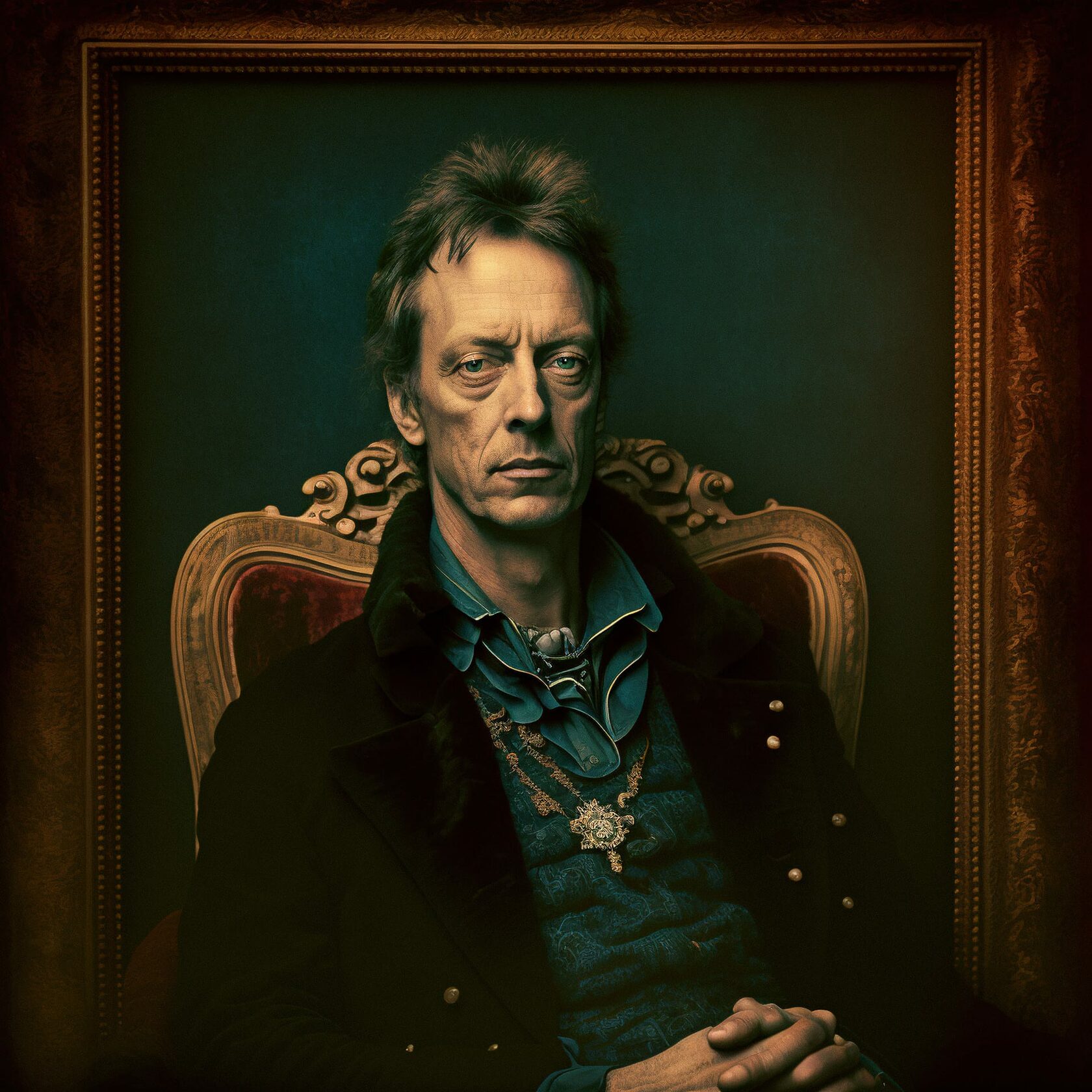 Vintage dramatic portrait of XIX aristocrat generated with Midjourney prompt engineering techniques for photography.