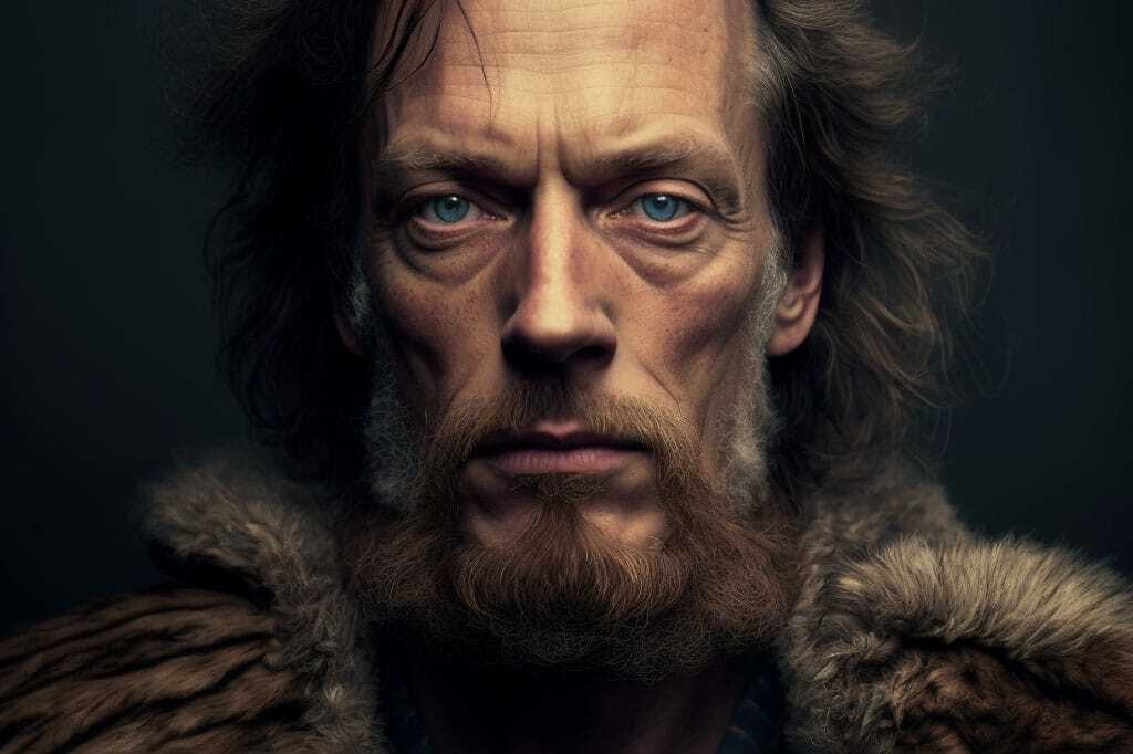Viking character with entangled beard, generated using Midjourney prompt techniques, showcasing artistic style transfer and image blending capabilities.