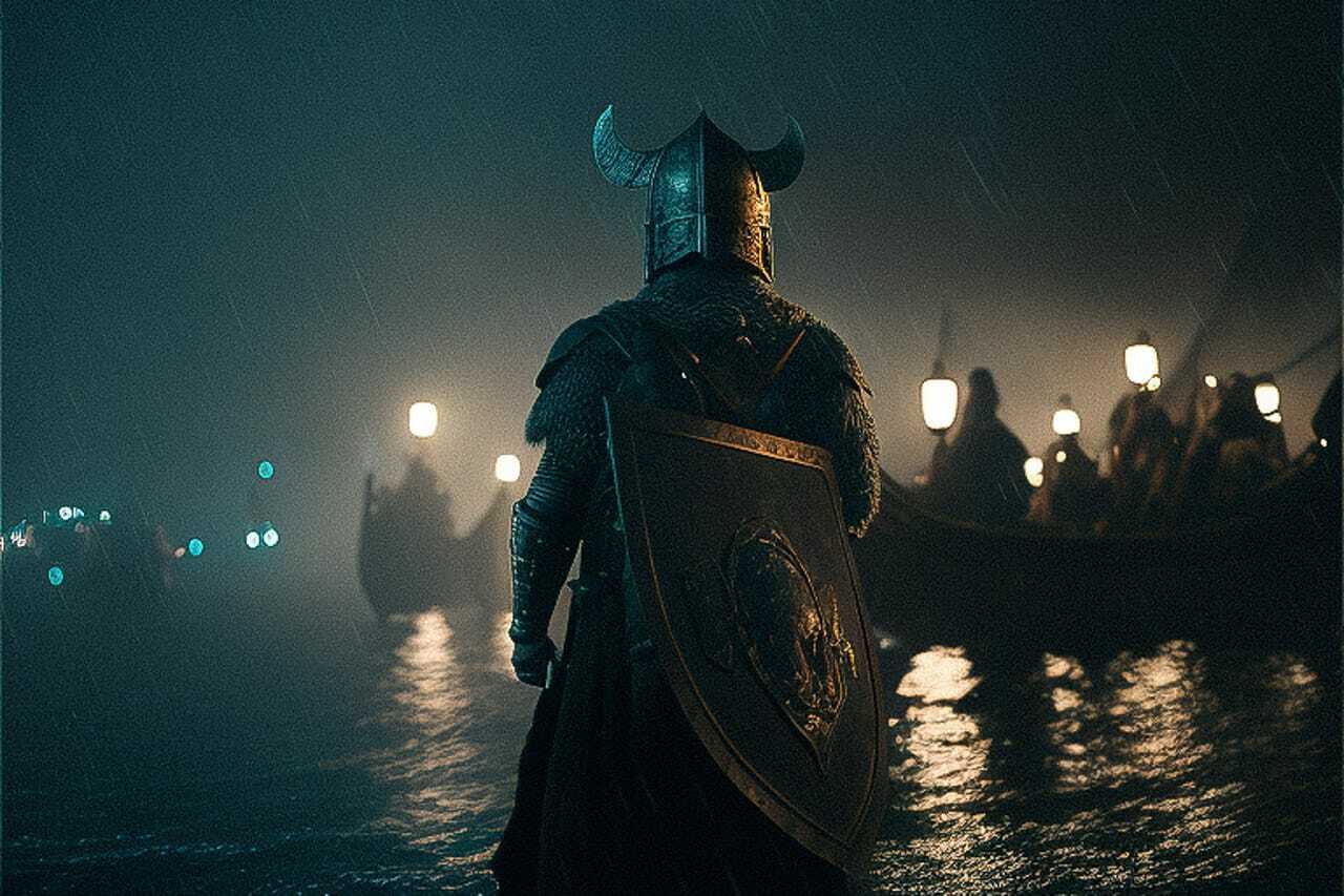 Viking on drakkar at night, showcasing Midjourney prompt techniques for character creation and artistic style blending.