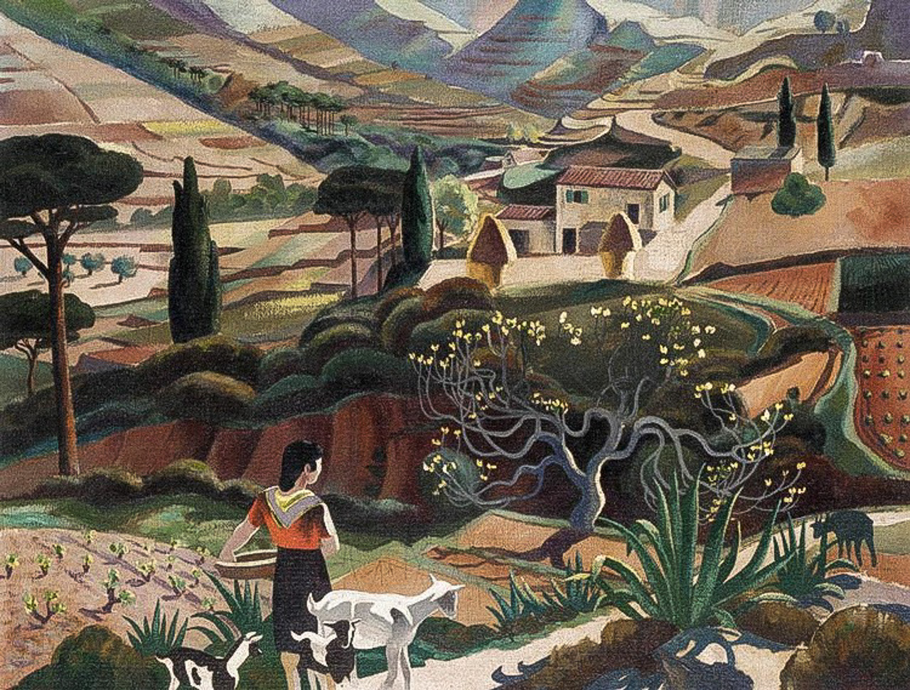 Adrian Allinson's Spring In Elba, showcasing landscape blending techniques, Midjourney prompt engineering, artistic style integration, and character creation.