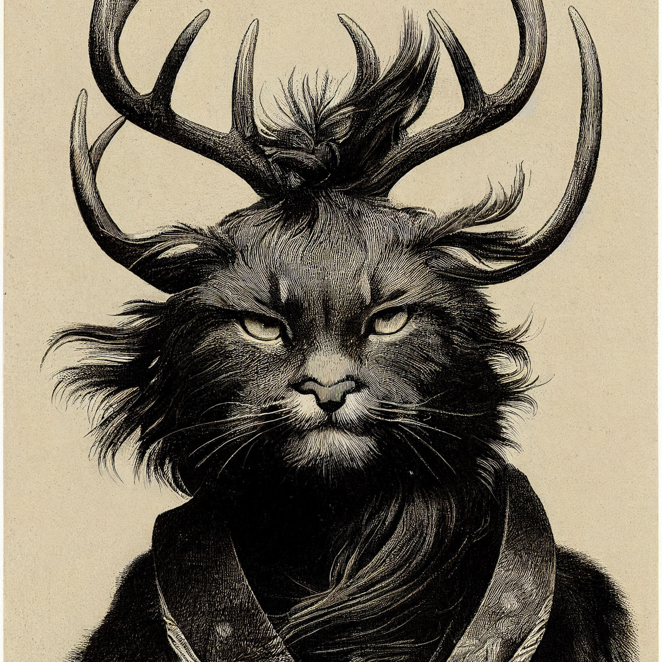 Black Siberian cat-samurai with baroque antlers, detailed etching, Midjourney prompt techniques, image blending, artistic styles.