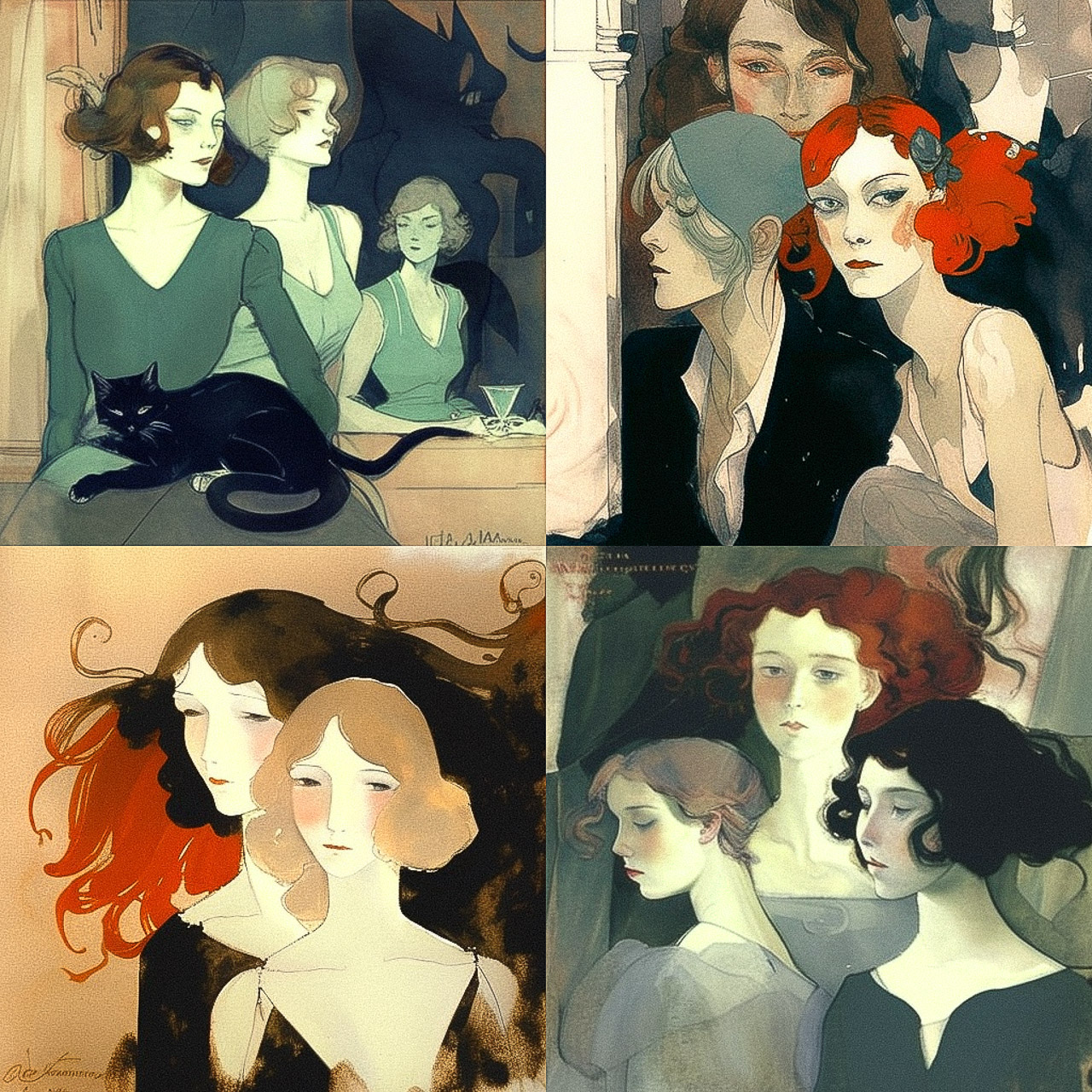Midjourney prompt for blending artistic styles, character creation, and abstract art techniques by Jeanne Mammen --v 4.