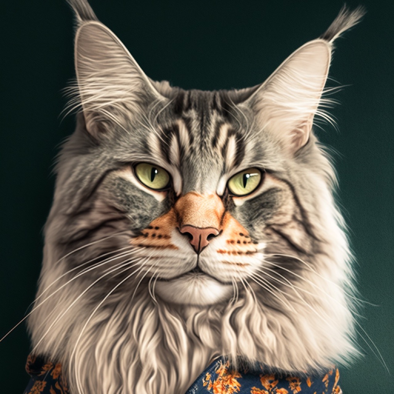Resulting blend of cat portrait using Midjourney prompt techniques, showcasing artistic style transfer and character creation.