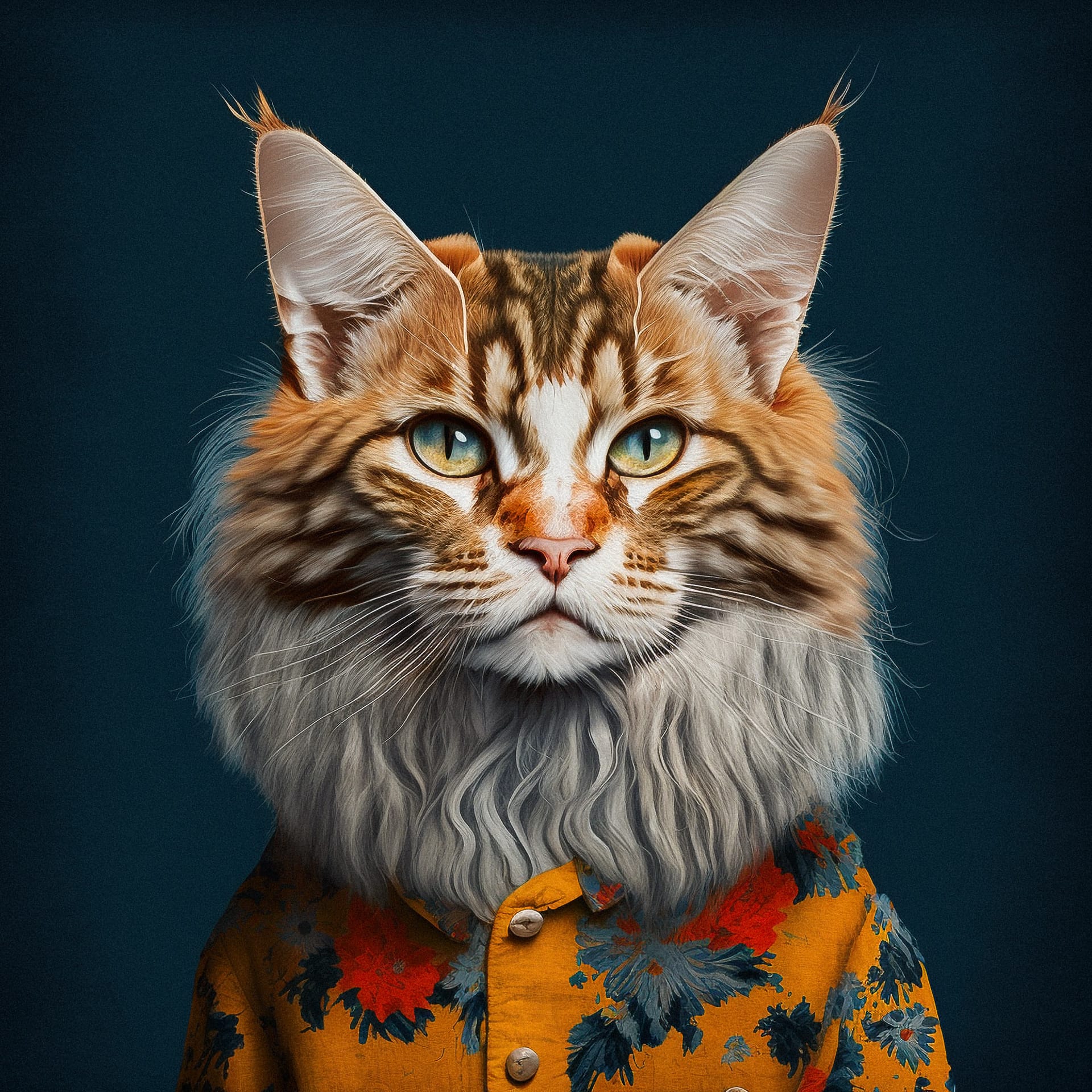 Midjourney prompt for character creation, image blending techniques, artistic style transfer, Mainecoon cat portrait, --v 4.