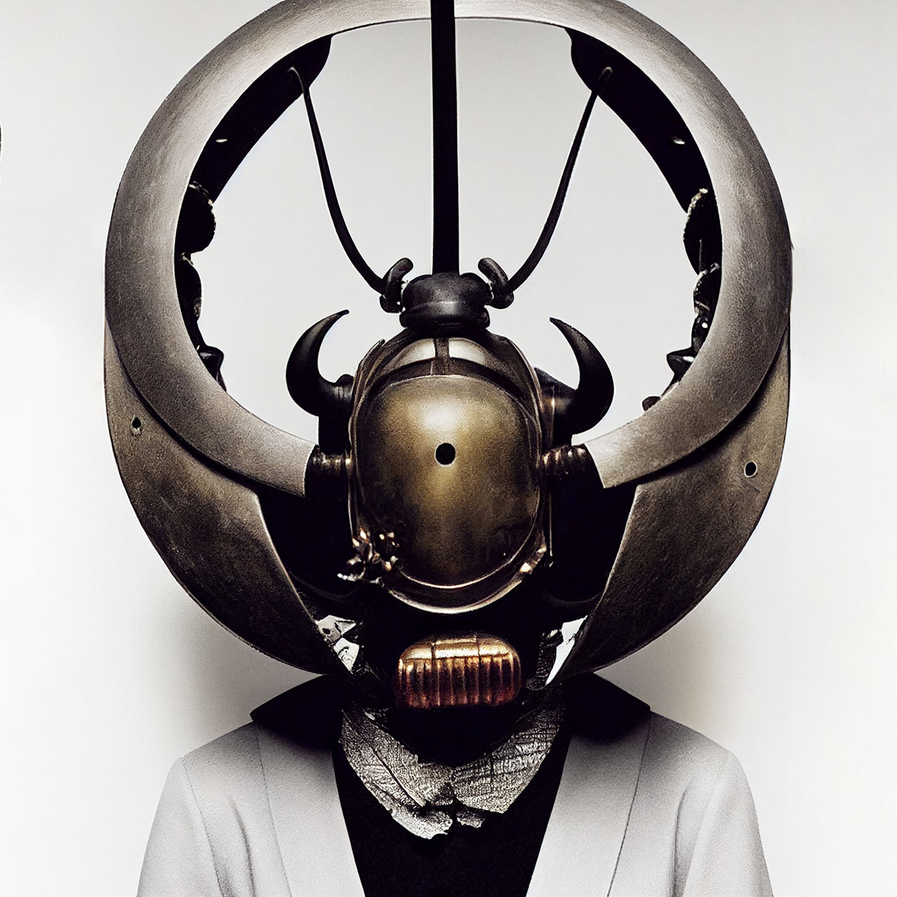 dieselpunk samurai beetle mask headpiece, Midjourney prompt, image blending, artistic style transfer, character creation, abstract art techniques
