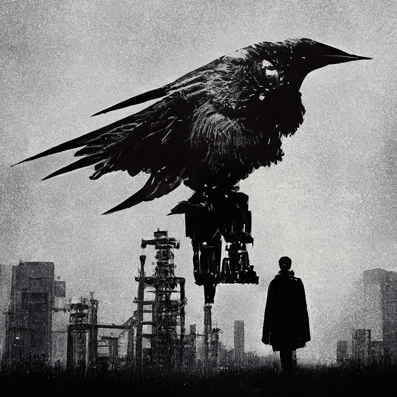 Midjourney prompt for dark Japanese industrial poster featuring mecha bird, blending techniques, artistic style transfer, abstract art generation.