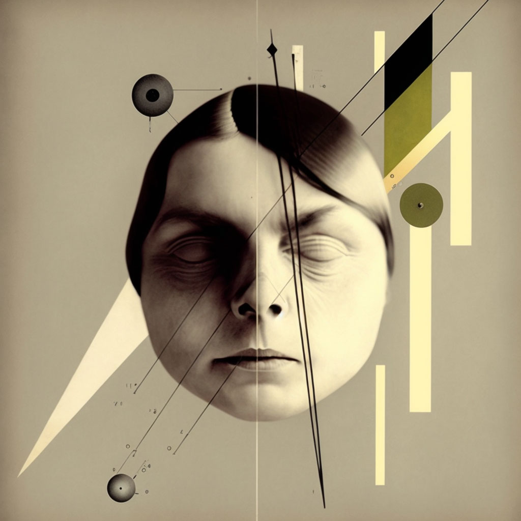 Midjourney prompt demonstrating /blend feature, abstract art generation, character creation, artistic style transfer, geometric elements, version 4.