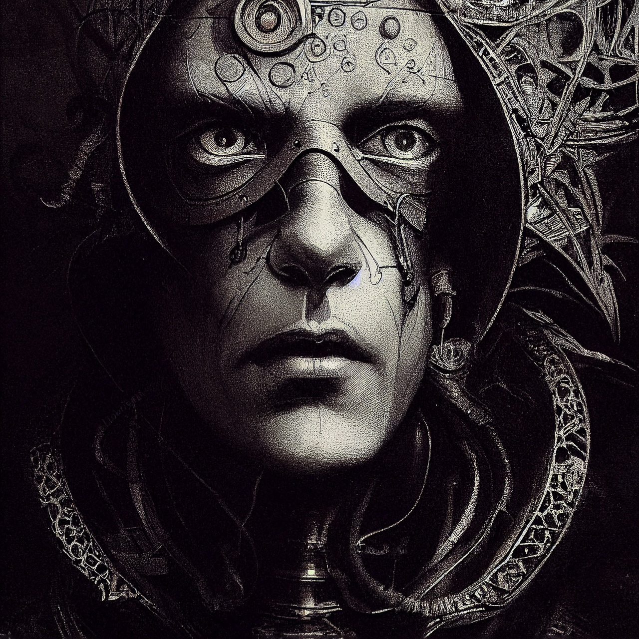 Midjourney prompt for detailed cyberpunk monk drawing, 1800s style, desaturated hues, --test --creative.