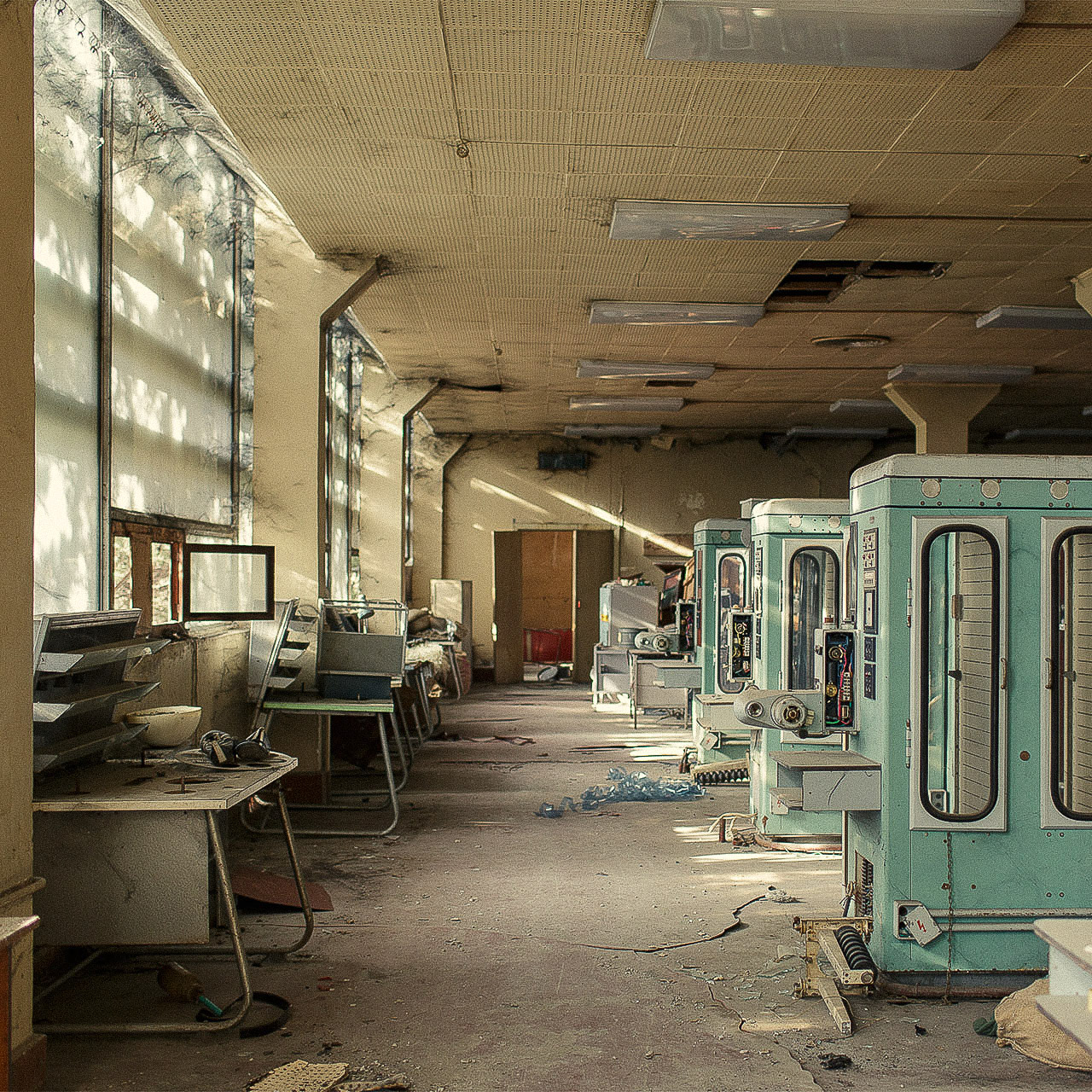 Abandoned film development lab interior, Georgian Film Studios, Tbilisi, showcasing Midjourney prompt techniques for image blending.