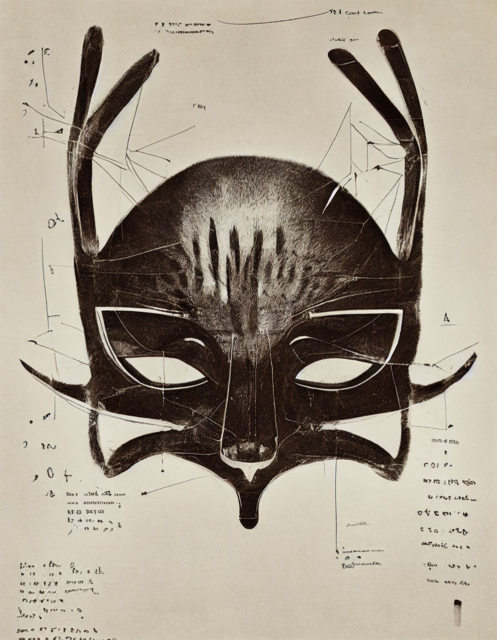 Intricate cat mask design by Anton Corbijn, showcasing Midjourney prompt techniques and image blending concepts.