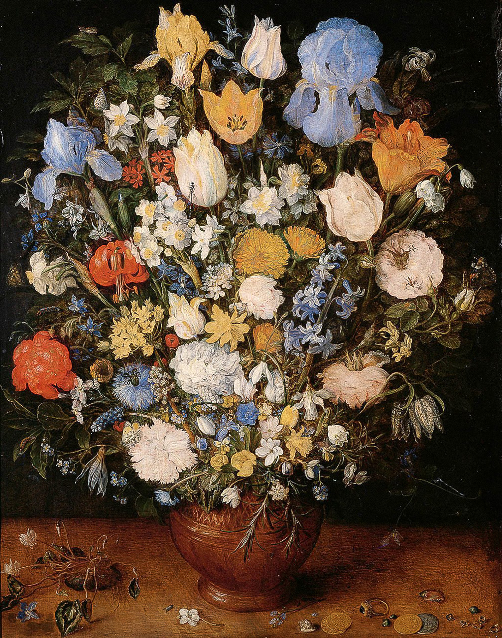 Midjourney prompt for blending floral arrangements, artistic styles, character creation, inspired by Jan Brueghel the Elder's Bouquet (1599).
