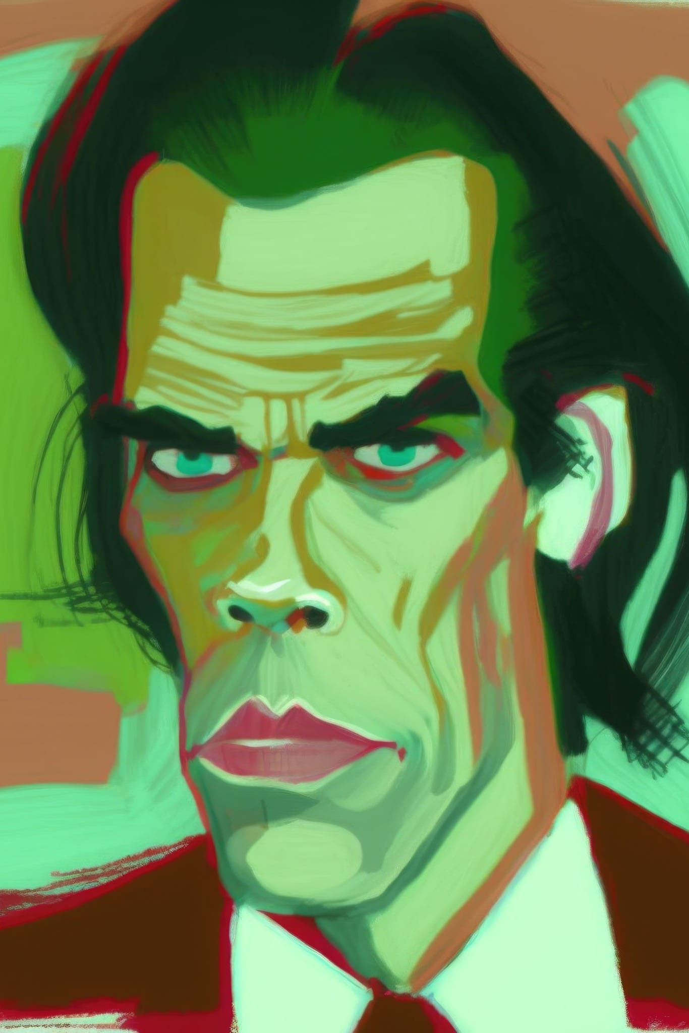 Midjourney prompt for artistic style transfer, blending techniques, character creation, portrait dimensions, Nick Cave by Maria Lassnig.
