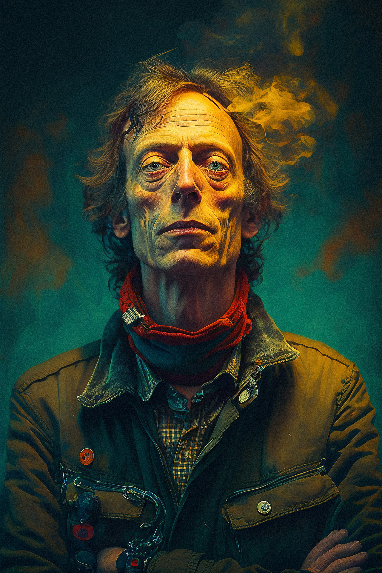 Midjourney prompt for character creation, blending techniques, artistic style transfer, abstract art generation, resulting blend.