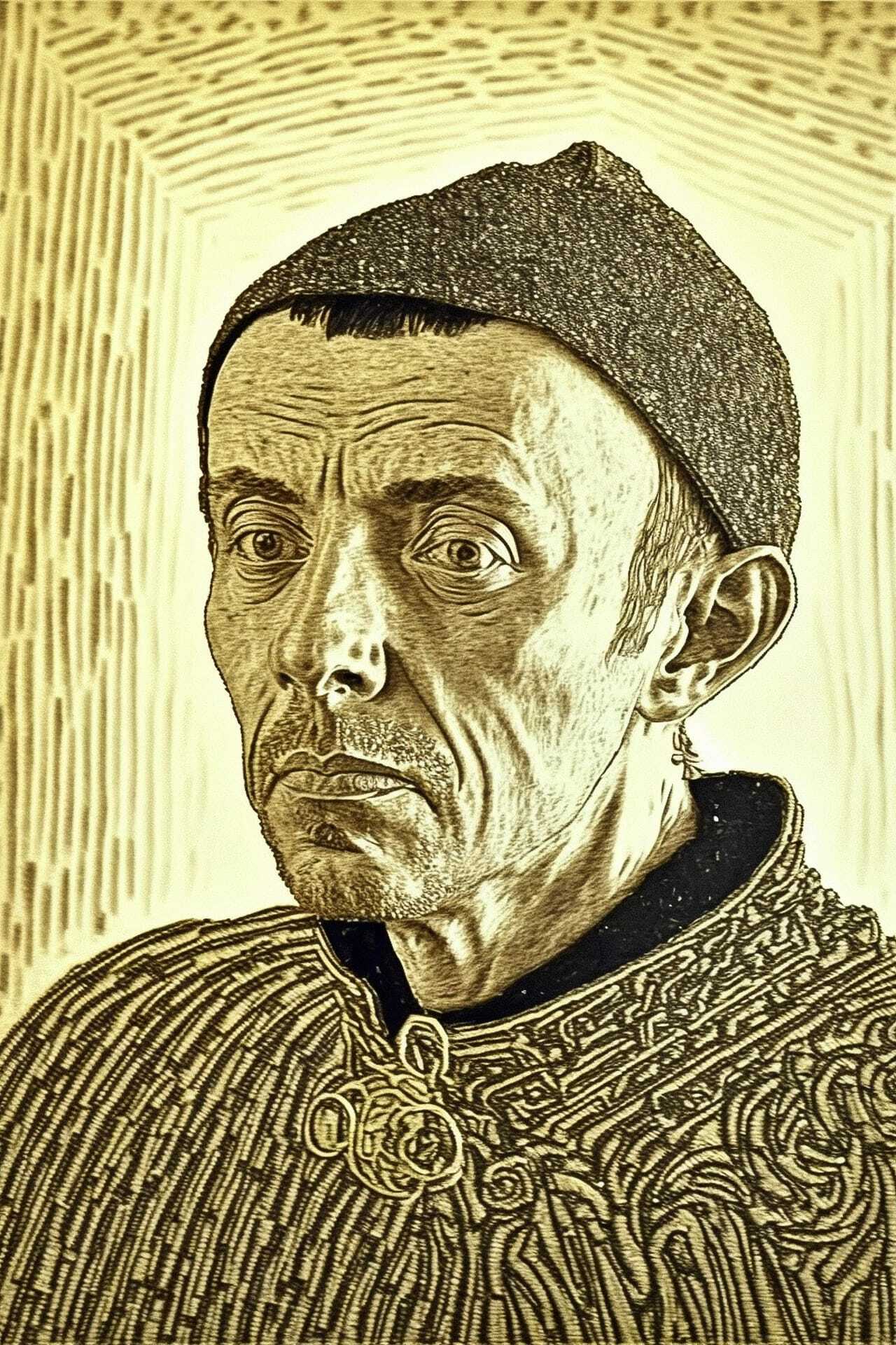 Resulting blend of portrait using Midjourney prompt techniques, showcasing artistic style transfer and character creation.