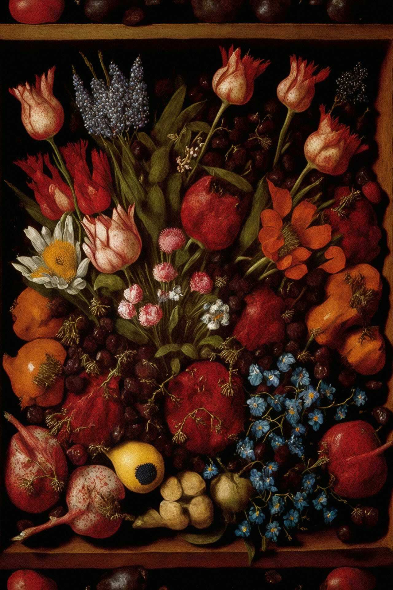 Resulting blend of fruits and flowers, showcasing Midjourney prompt techniques for artistic style integration and image blending.