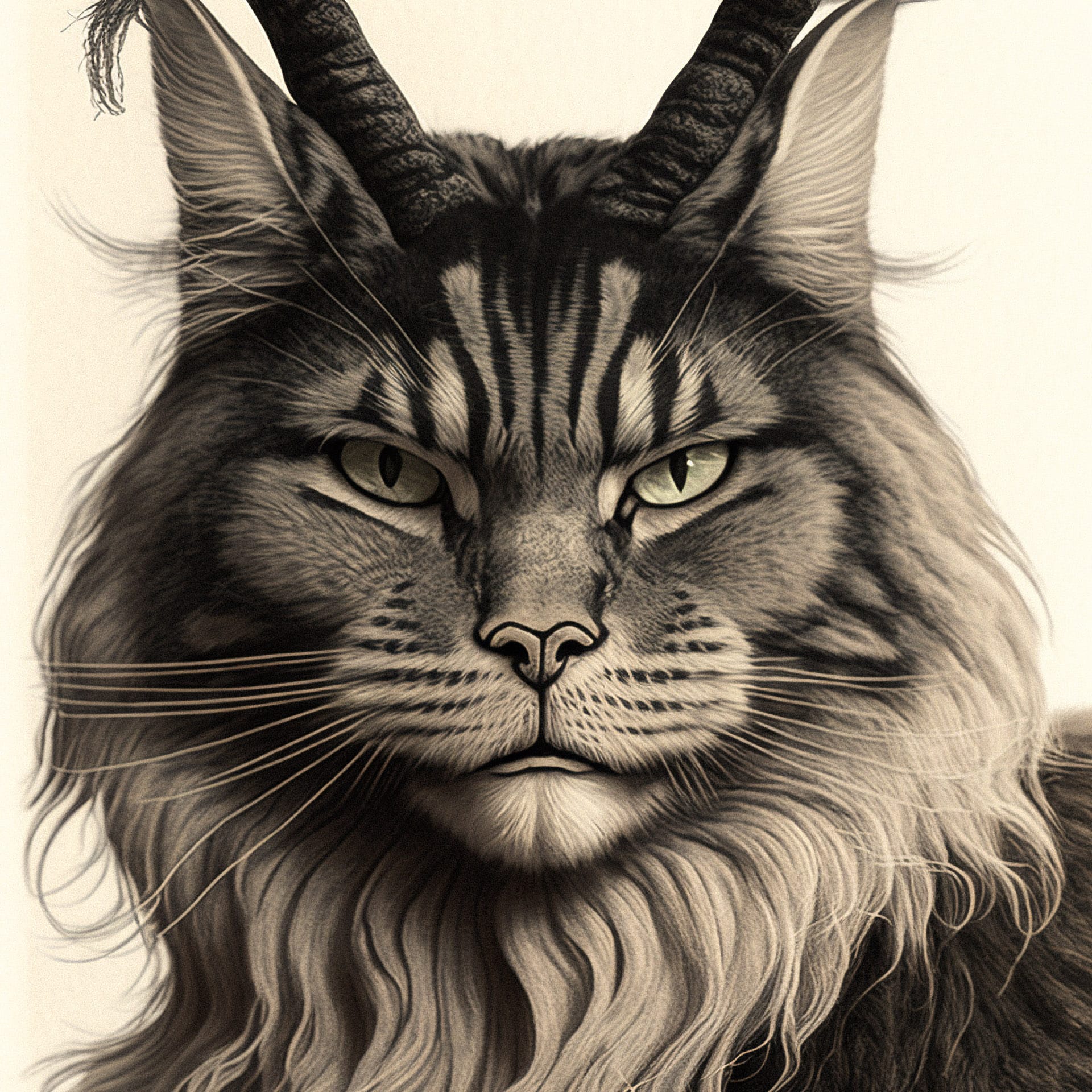 Resulting blend of feline features with artistic style, showcasing Midjourney prompt techniques for character creation and image blending.