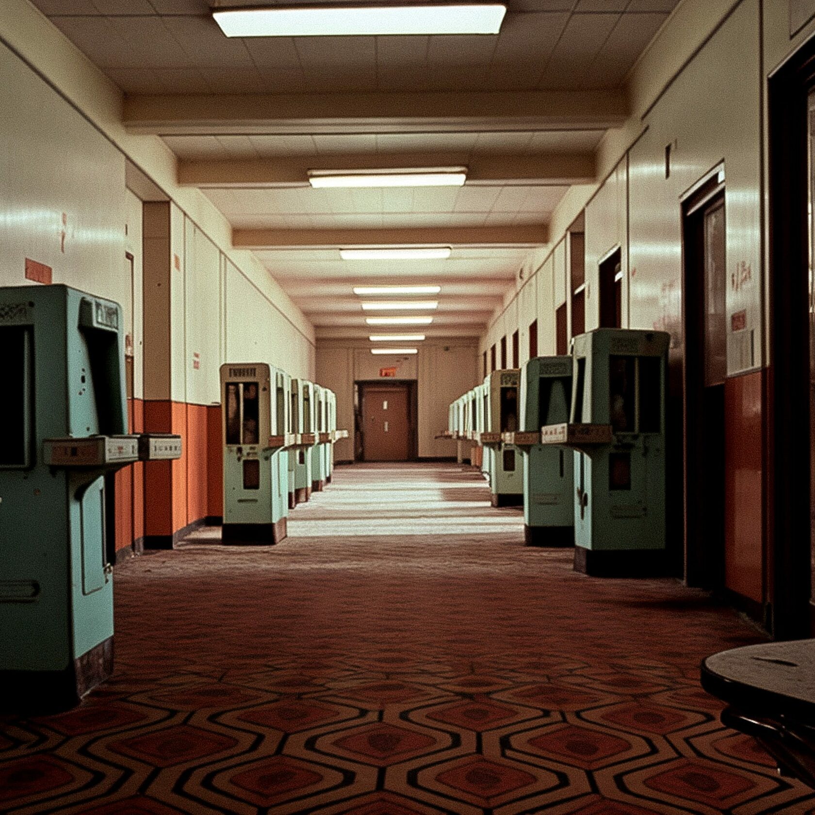 Resulting blend of retro phone booths in corridor, showcasing Midjourney prompt techniques and artistic style integration.