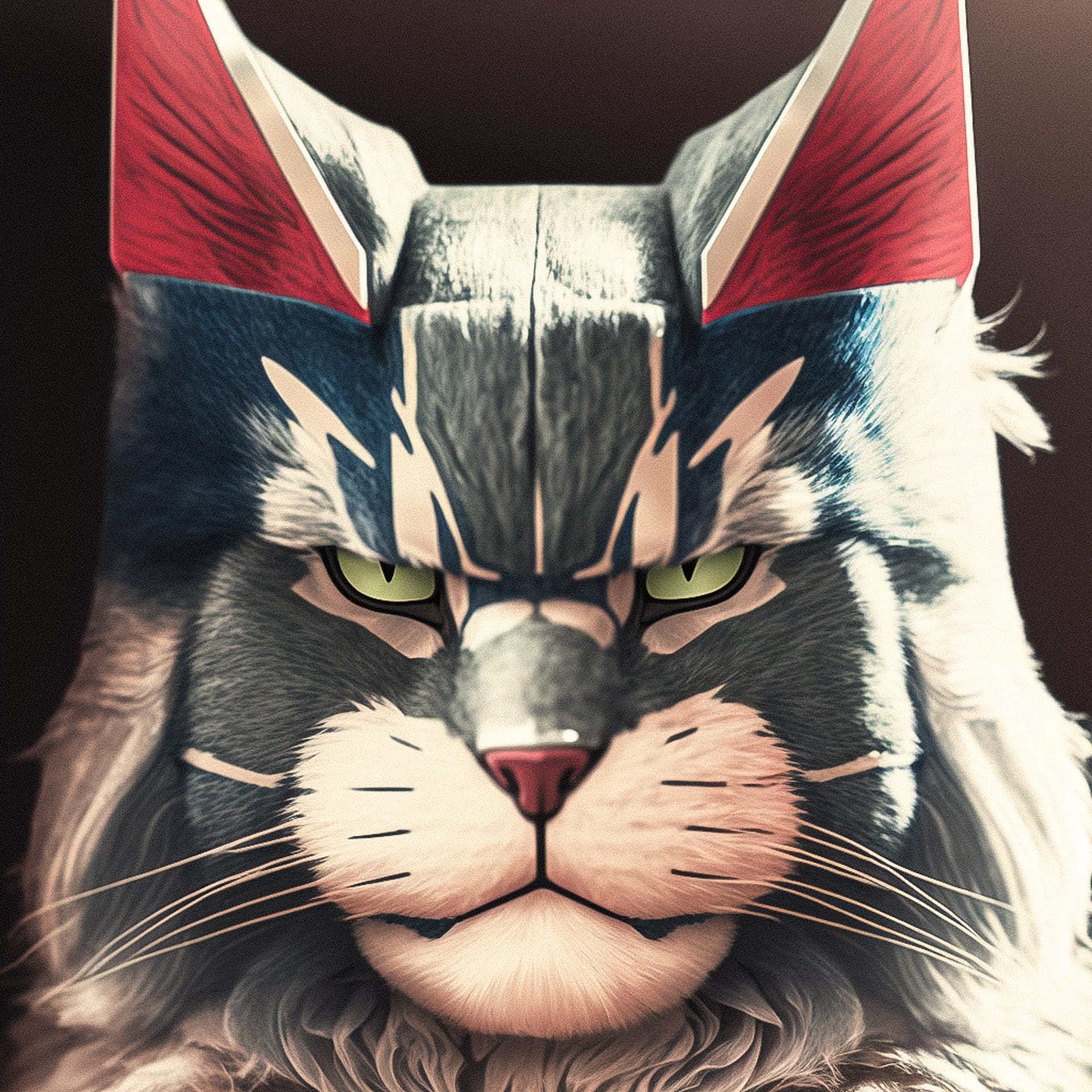Resulting blend showcasing character creation using Midjourney prompt techniques, featuring stylized cat with artistic style transfer.