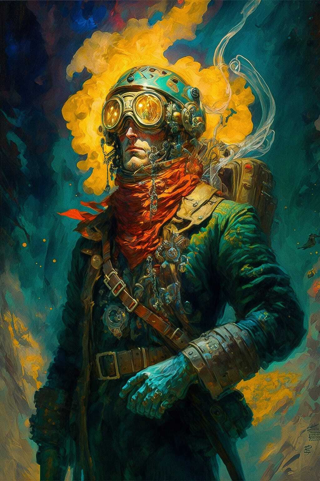 Midjourney prompt for dieselpunk space explorer character, blending artistic styles, --v 4, image blending techniques.