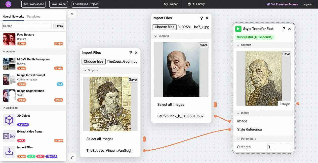 Midjourney prompt interface showcasing image import, style transfer, and output generation techniques.