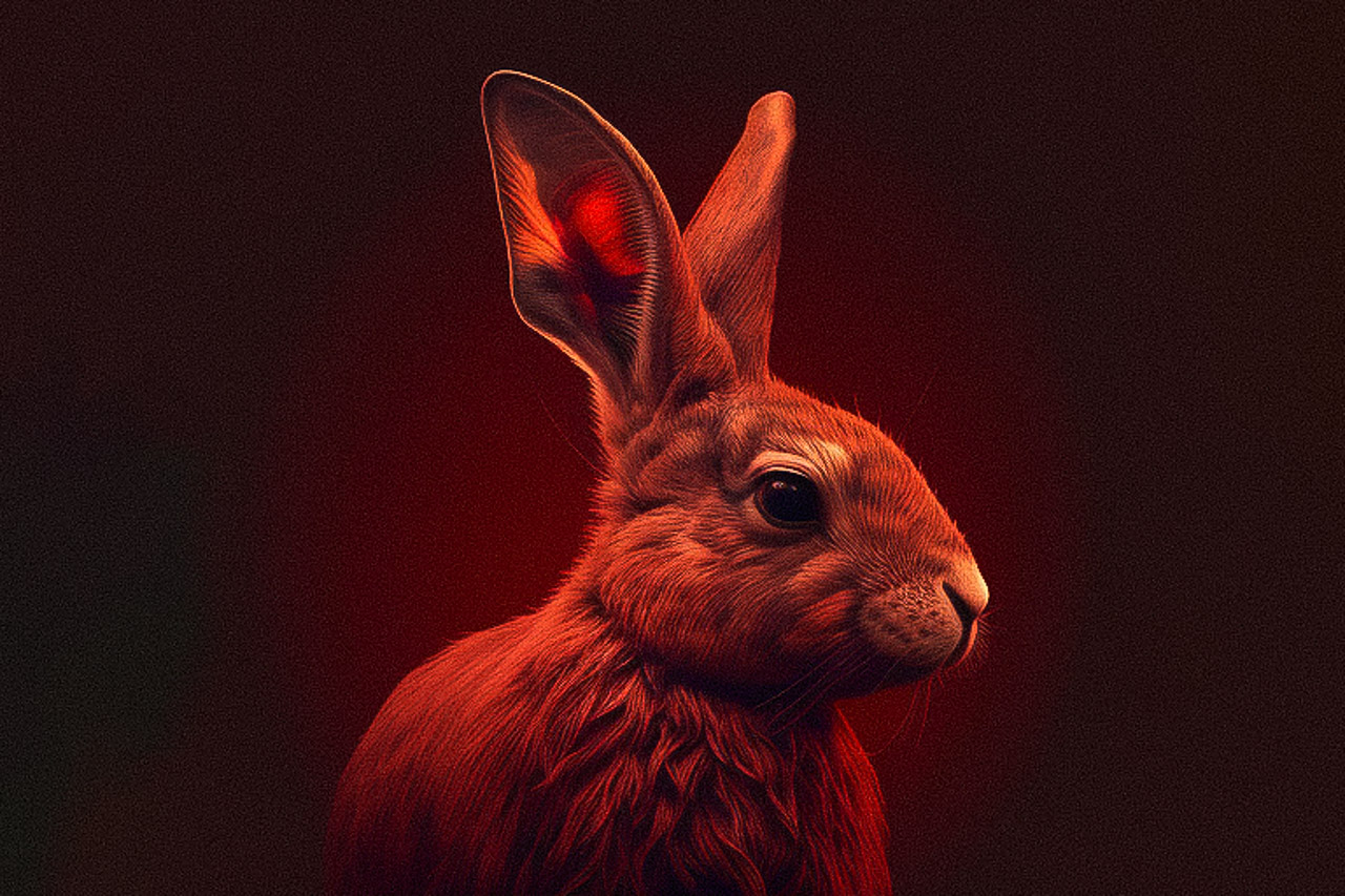 Red rabbit generated using Midjourney prompt techniques, showcasing image blending and artistic style transfer.