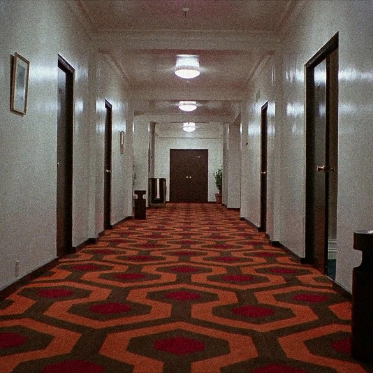 Midjourney prompt for blending hallway scenes, focusing on architectural details, color patterns, and spatial composition.