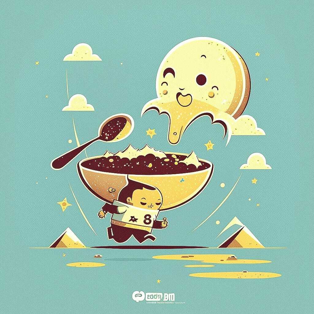 Midjourney prompt illustration of child with bowl, playful character design, creative storytelling, visual learning, educational applications.