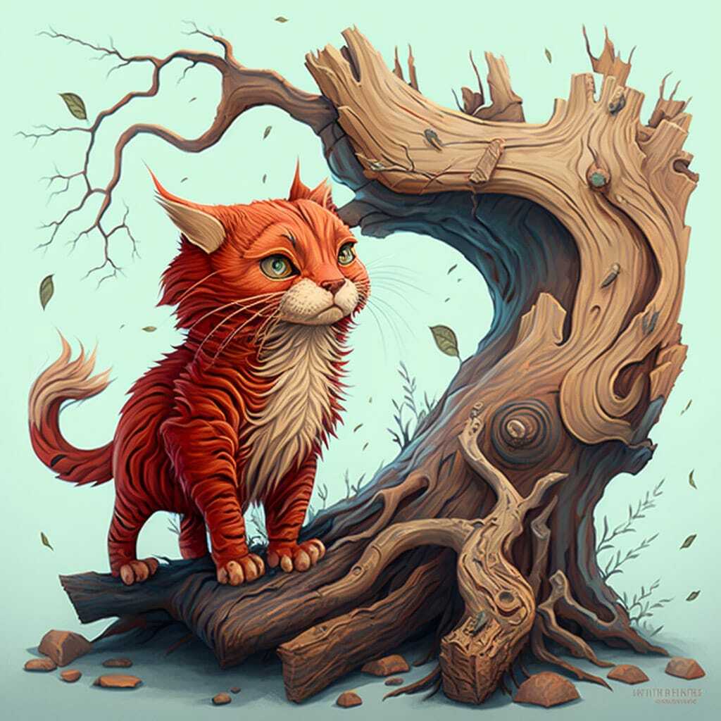 Midjourney prompt engineering for preschool storytelling featuring brave red cat and gnarly tree illustration by Sophia Blackall --v 4