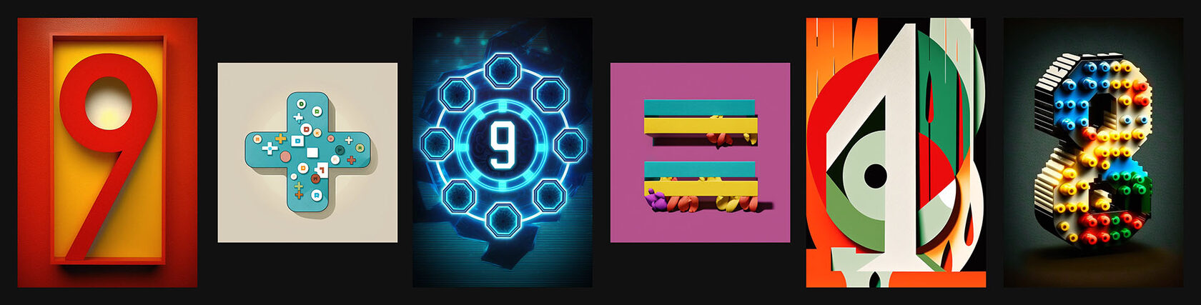 Midjourney prompt examples for number visualization: creative representations of 9, 4, 8, and mathematical symbols for preschool education.