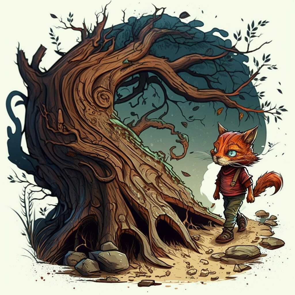 Midjourney prompt depicting brave little red cat exploring gnarly old tree, showcasing character design and storytelling techniques.