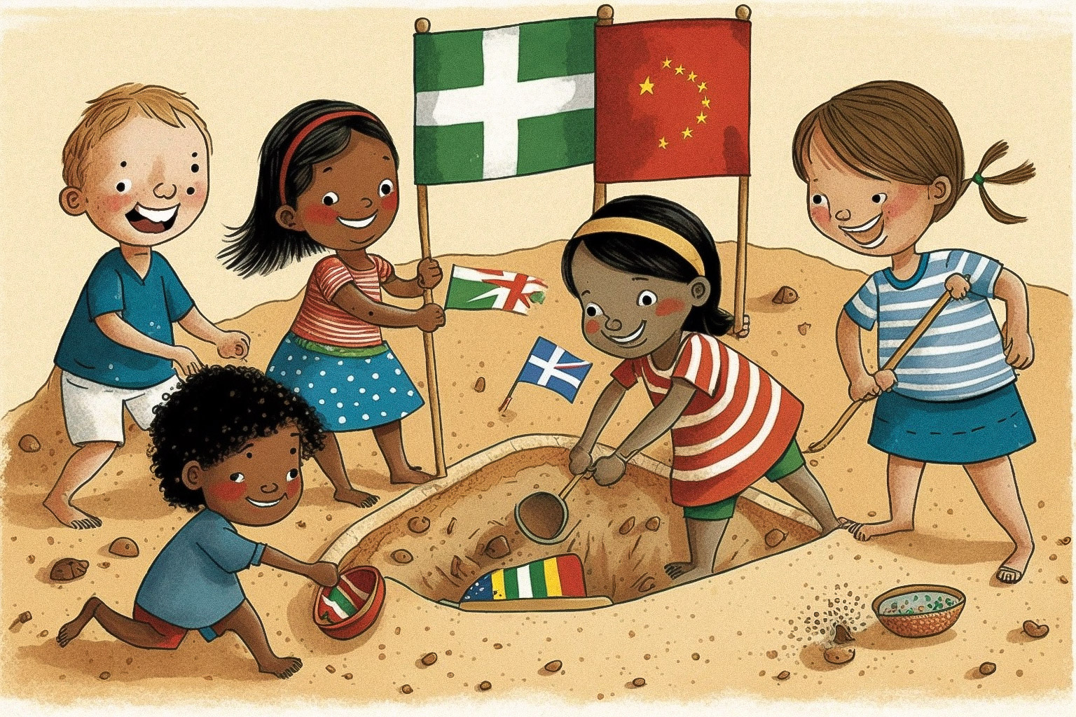 Midjourney prompt illustrating diverse kids playing in sandbox with flags, promoting creativity, storytelling, and visual learning for preschool education.