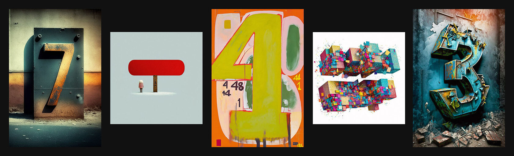 Midjourney prompt examples showcasing numbers 3, 4, 7 in various artistic styles for preschool education.