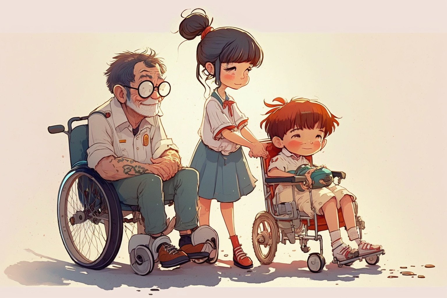 Midjourney prompt for cartoon depicting children assisting disabled friend in wheelchair, inspired by Hayao Miyazaki's style, version 4.
