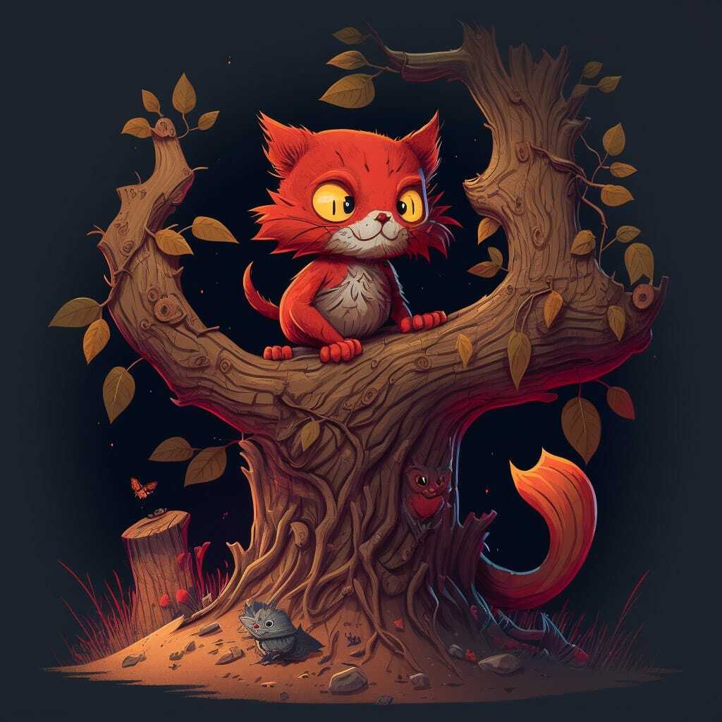 Brave little red cat on gnarly old tree, showcasing Midjourney prompt engineering for character design and storytelling.