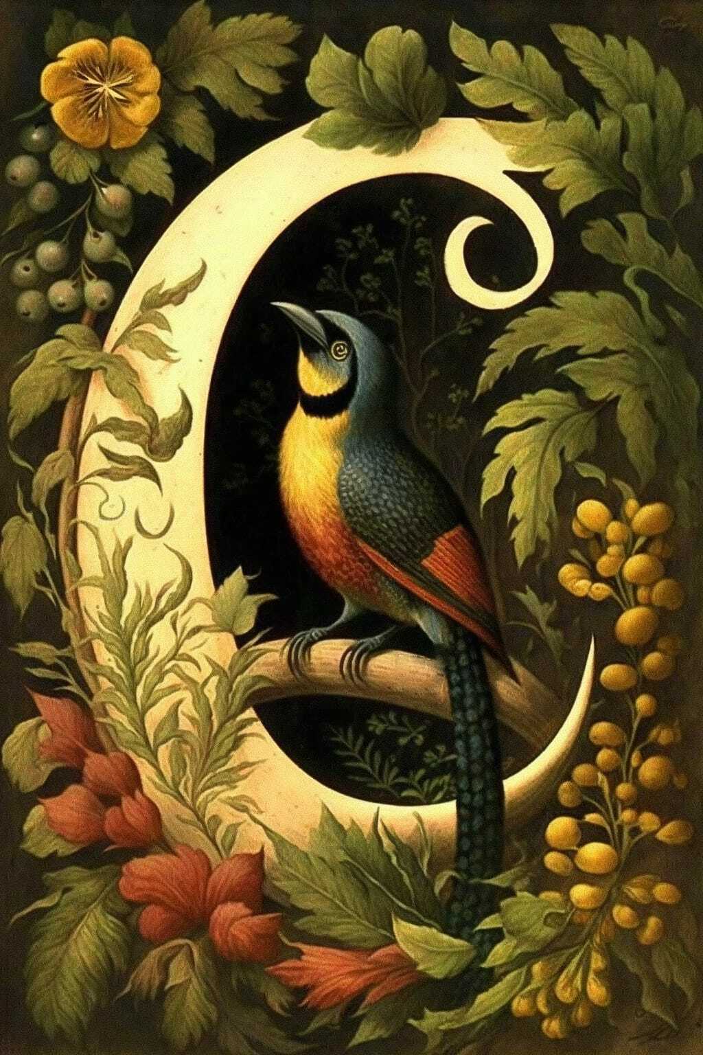 Letter C with bird surrounded by foliage, Midjourney prompt for text-to-image generation, naive art style, version 4.