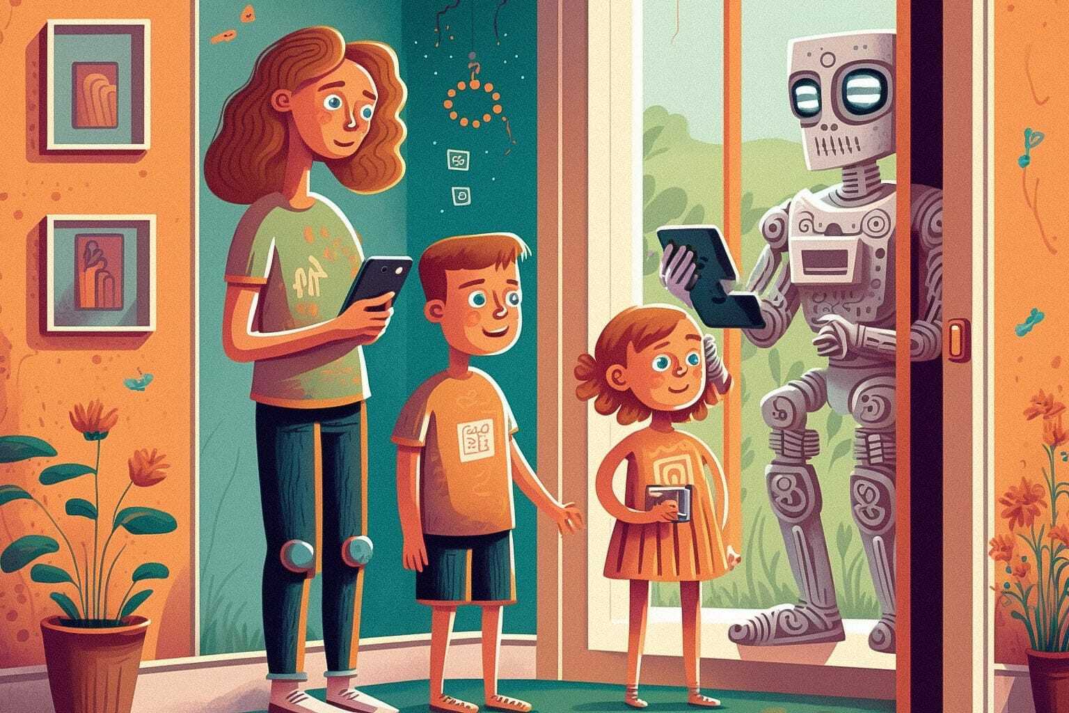 Naive Art illustration of kids interacting with AI robot, showcasing Midjourney prompt engineering for storytelling and creativity.