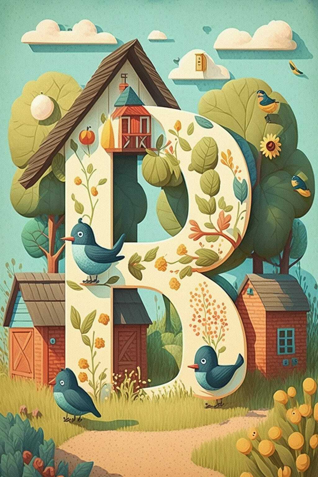 Letter B surrounded by birds and farm elements, naive art style, Midjourney prompt for preschool education.