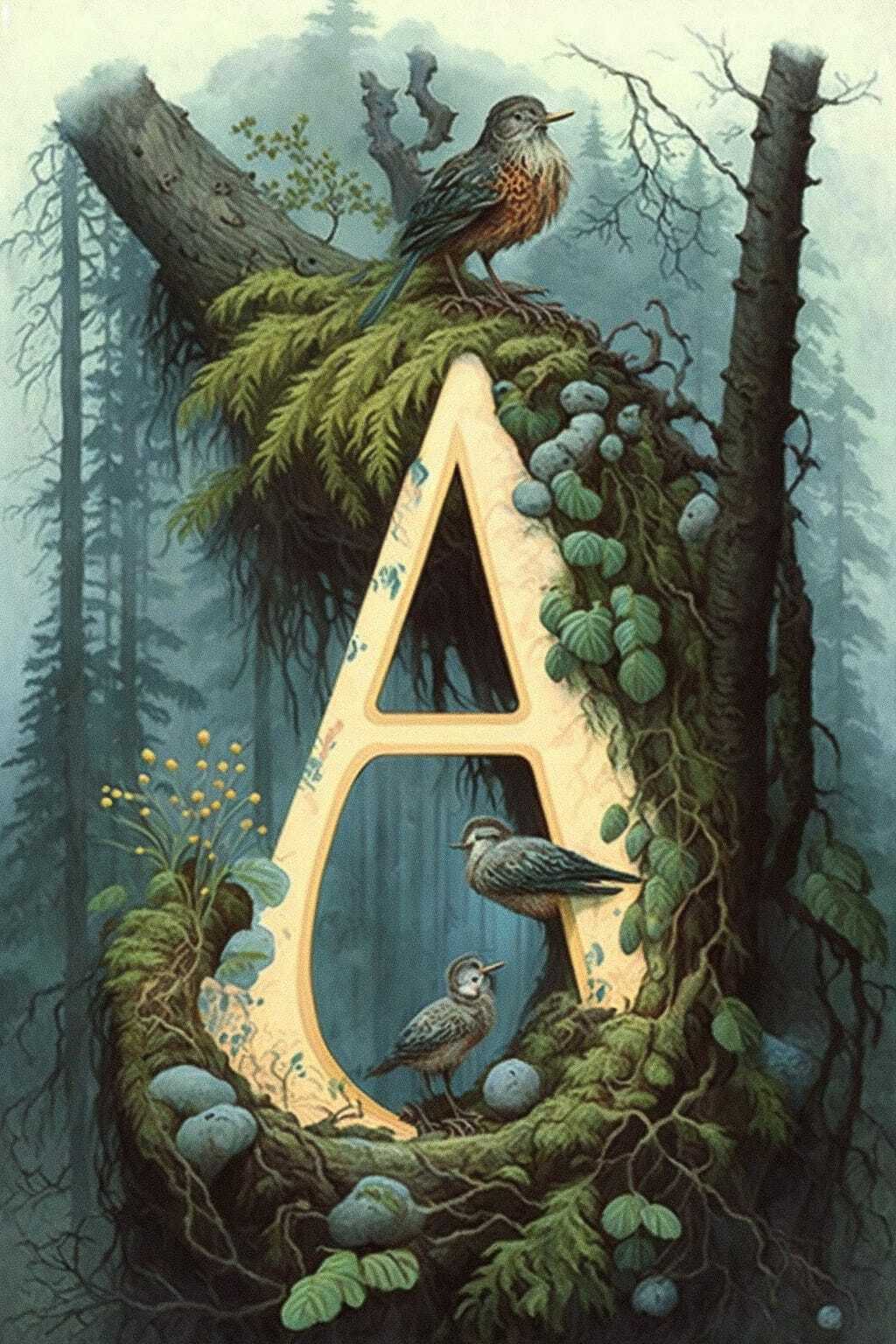 Letter A with mother bird and nestlings in foggy forest, Midjourney prompt for preschool education, character design, visual learning.