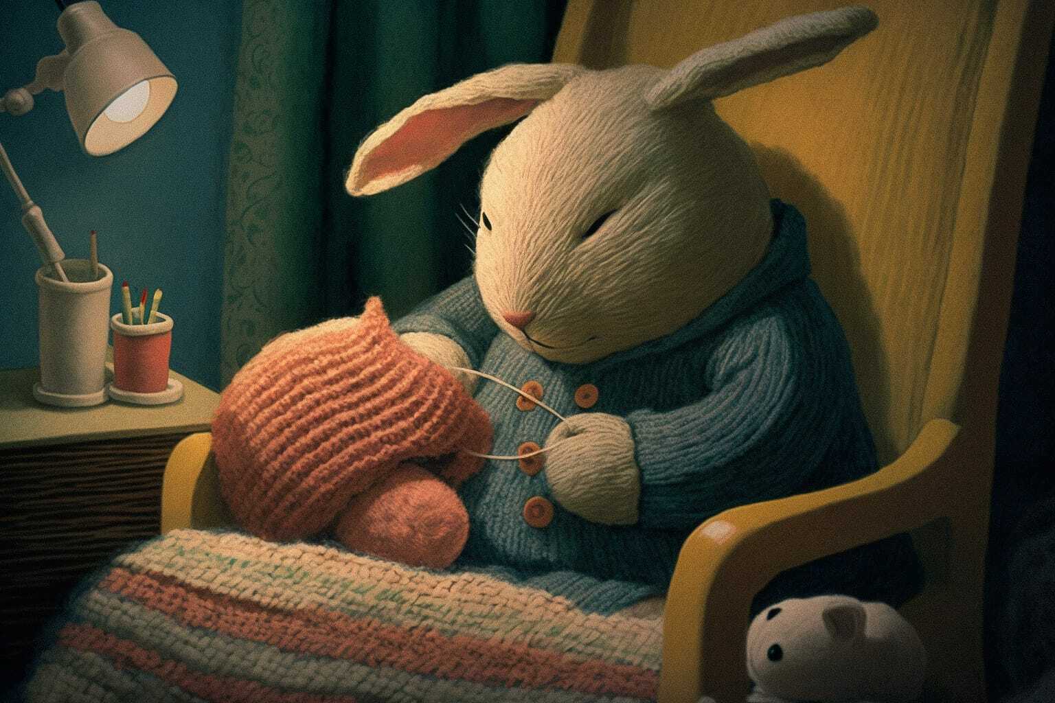 Midjourney prompt for character design: Mother-rabbit knitting in armchair, educational storytelling, version 4 features.
