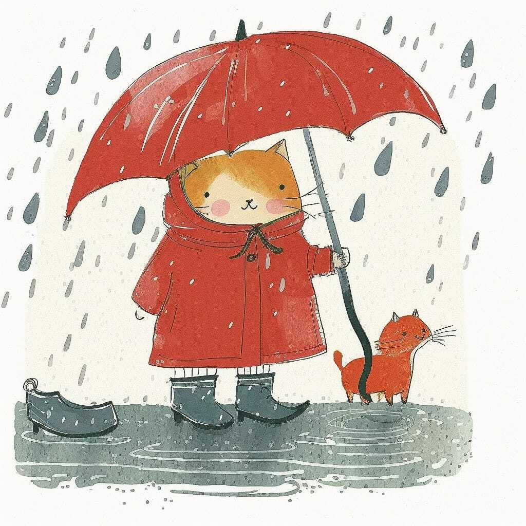 Illustration of cat in red raincoat with umbrella, walking in puddles, showcasing Midjourney prompt engineering for preschool storytelling.