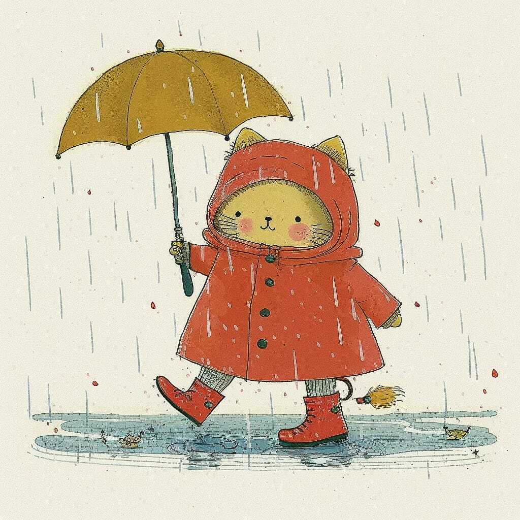 Little cat in red raincoat, boots, holding umbrella. Midjourney prompt for children's illustration, storytelling, character design.
