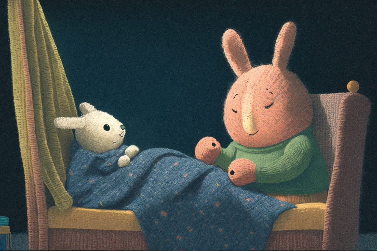 Midjourney prompt for bedtime story illustration featuring rabbit characters, cozy setting, educational themes, storytelling, version 4.