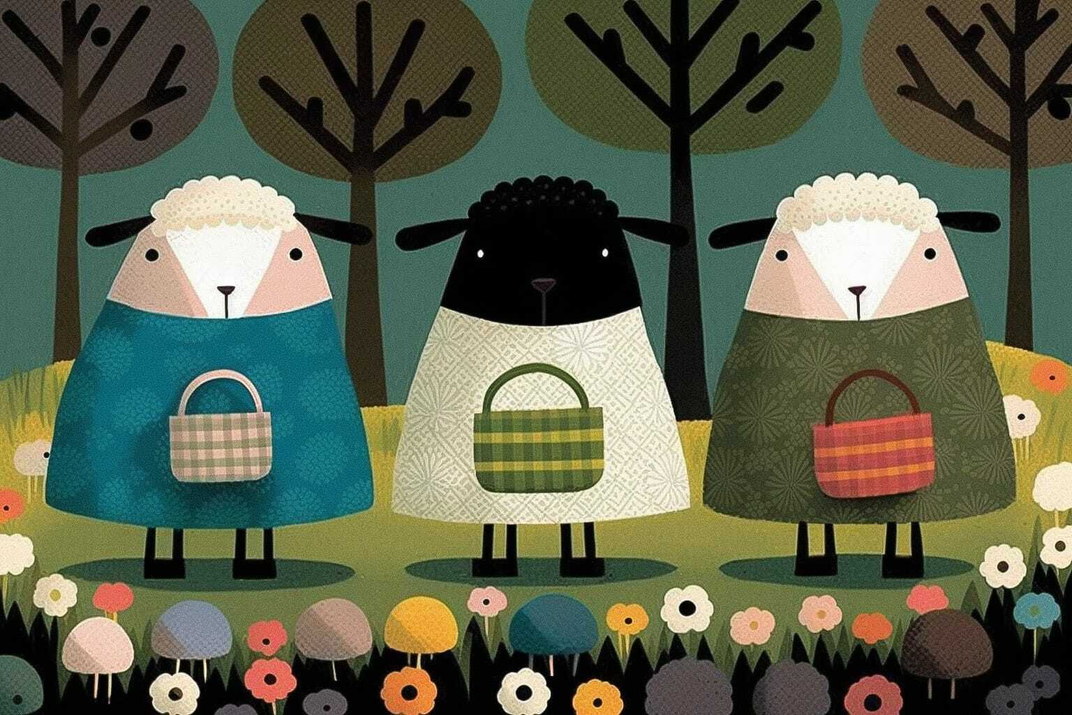 Midjourney prompt for sheep illustration inspired by Mary Blair, featuring colorful characters, educational storytelling, and visual learning techniques.