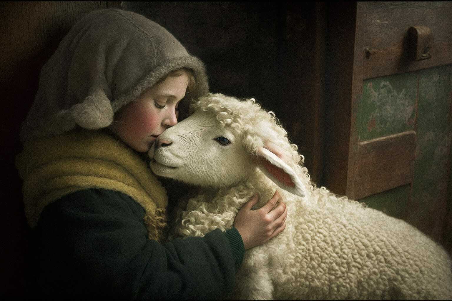 Child embracing sheep, inspired by Mary had a little lamb, showcasing Midjourney prompt engineering for storytelling.