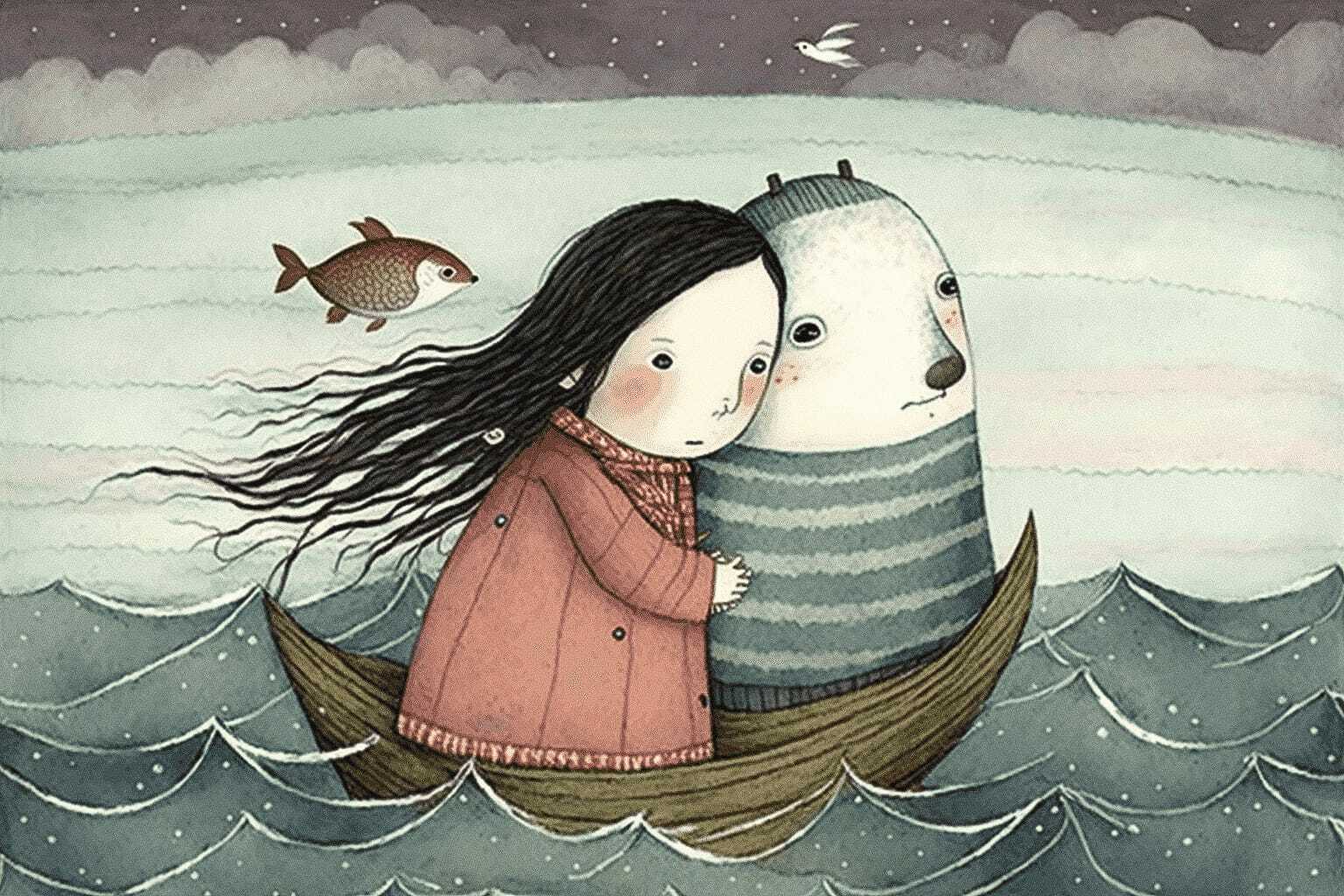 Midjourney prompt illustration featuring girl and bear in boat, ocean scene, storytelling, character design, educational art styles.
