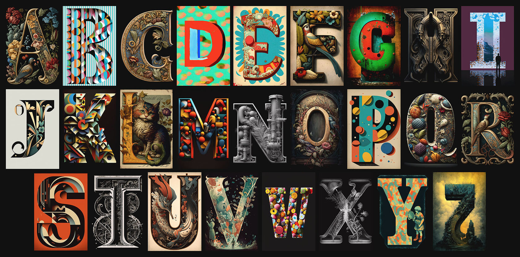 Alphabet characters designed using Midjourney AI, showcasing various styles and prompt engineering techniques for preschool education.