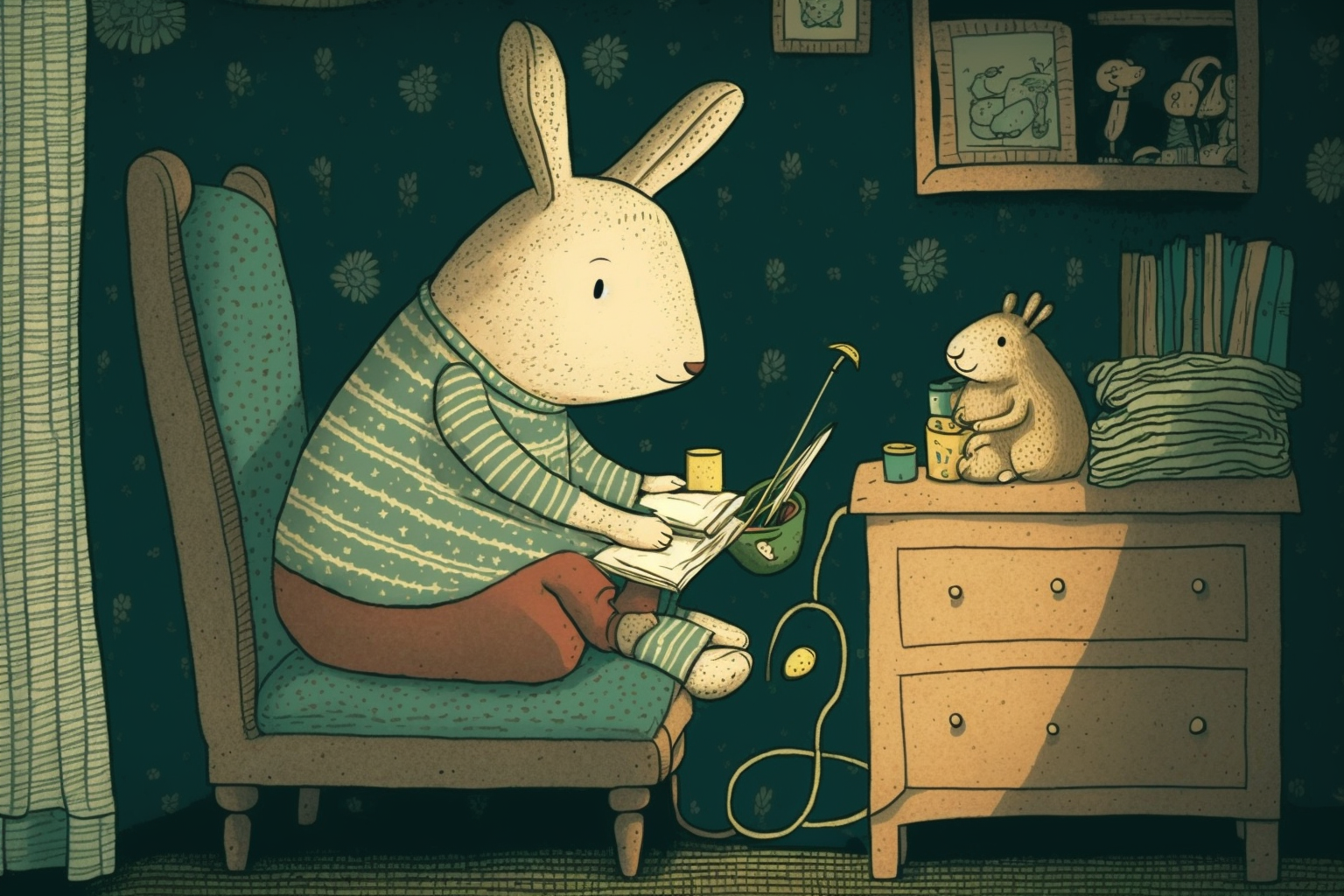 Midjourney prompt for cozy bedtime scene with rabbits, knitting, storytelling, educational applications, preschool creativity.