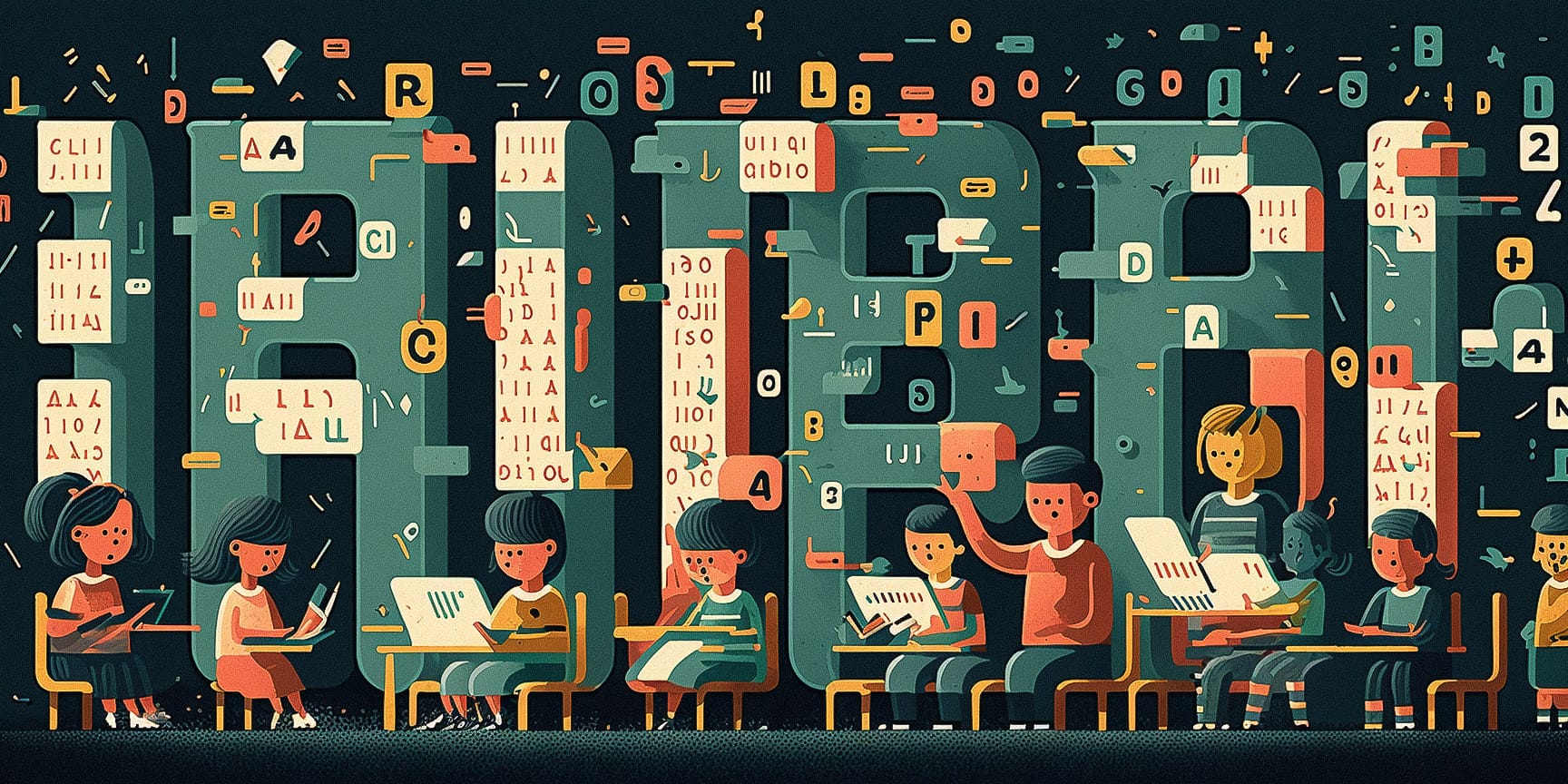 Naive art illustration of kids studying alphabet with Midjourney AI prompt engineering techniques for preschool education.