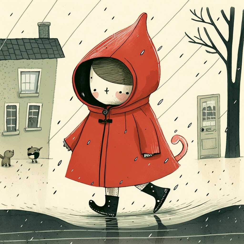 Midjourney prompt illustrating child in red raincoat walking through puddles, showcasing character design and storytelling techniques.