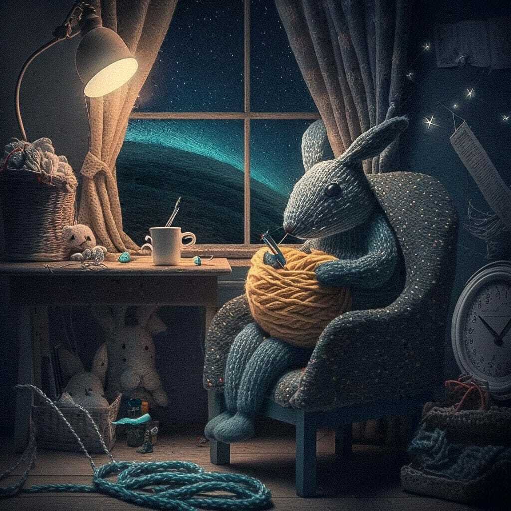 Midjourney prompt for rabbit-mama knitting in cozy armchair, starry night, moonlit window, version 4.